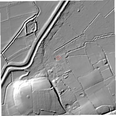 Shaded relief map of the ground around TA36JD, computed from Environment Agency LiDAR. The ground here sits at about 6 m above sea level and falls 27 m across the surrounding 800 m. Surface water reaching this point runs off ground lying to the south, 16.6 m higher.