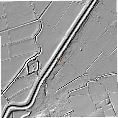 Shaded relief map of the ground around TA36JE, computed from Environment Agency LiDAR. The ground here sits at about 8 m above sea level and falls 9 m across the surrounding 800 m. Surface water reaching this point runs off ground lying to the south-west, 4.1 m higher.