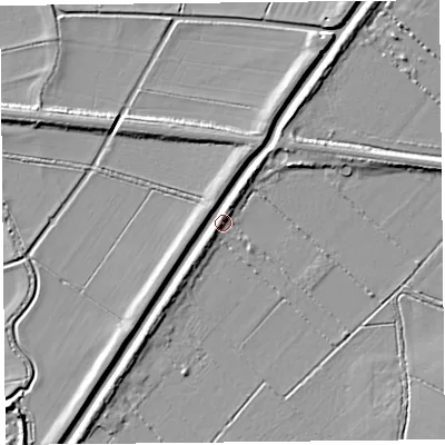 Shaded relief map of the ground around TA36JF, computed from Environment Agency LiDAR. The ground here sits at about 7 m above sea level and falls 6 m across the surrounding 800 m. Surface water reaching this point runs off ground lying to the north-north-east, 3.7 m higher.