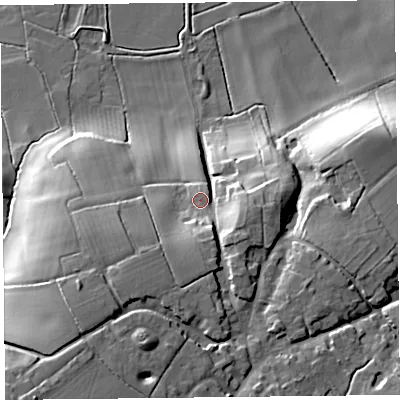 Shaded relief map of the ground around TA36JZ, computed from Environment Agency LiDAR. The ground here sits at about 20 m above sea level and falls 32 m across the surrounding 800 m. Surface water reaching this point runs off ground lying to the south-south-west, 12.4 m higher.