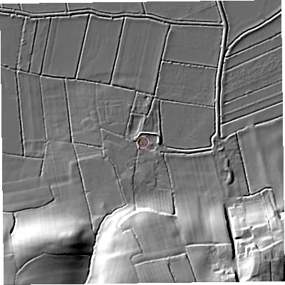 Shaded relief map of the ground around TA36LA, computed from Environment Agency LiDAR. The ground here sits at about 7 m above sea level and falls 24 m across the surrounding 800 m. Surface water reaching this point runs off ground lying to the south, 13.4 m higher.