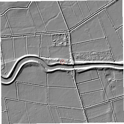 Shaded relief map of the ground around TA36LB, computed from Environment Agency LiDAR. The ground here sits at about 7 m above sea level and falls 4 m across the surrounding 800 m. Surface water reaching this point runs off ground lying to the south-south-east, 2.4 m higher.