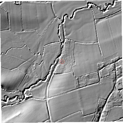 Shaded relief map of the ground around TA36QJ, computed from Environment Agency LiDAR. The ground here sits at about 17 m above sea level and falls 11 m across the surrounding 800 m. Surface water reaching this point runs off ground lying to the south, 5.9 m higher.