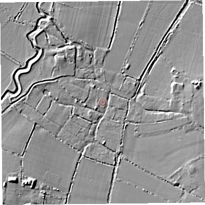 Shaded relief map of the ground around TA36QL, computed from Environment Agency LiDAR. The ground here sits at about 12 m above sea level and falls 8 m across the surrounding 800 m. Surface water reaching this point runs off ground lying to the south-west, 7.0 m higher.