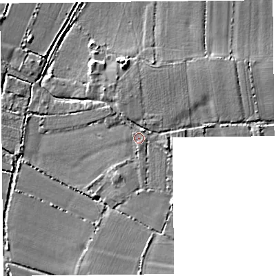 Shaded relief map of the ground around TA36QN, computed from Environment Agency LiDAR. The ground here sits at about 14 m above sea level and falls 7 m across the surrounding 800 m. Surface water reaching this point runs off ground lying to the east, 2.0 m higher.
