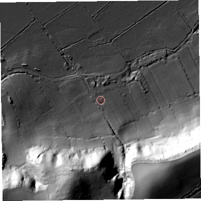 Shaded relief map of the ground around TA36QU, computed from Environment Agency LiDAR. The ground here sits at about 11 m above sea level and falls 69 m across the surrounding 800 m. Surface water reaching this point runs off ground lying to the south-south-east, 5.7 m higher.