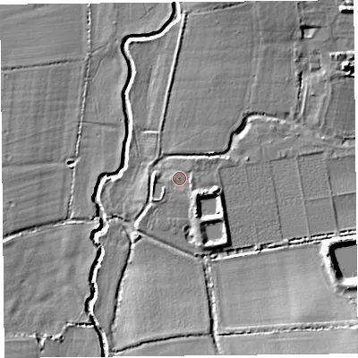 Shaded relief map of the ground around TA36RX, computed from Environment Agency LiDAR. The ground here sits at about 16 m above sea level and falls 9 m across the surrounding 800 m. Surface water reaching this point runs off ground lying to the south-east, 2.1 m higher.