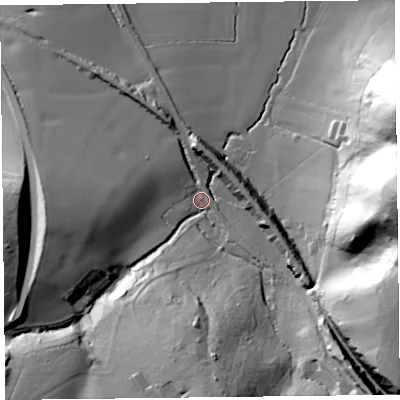 Shaded relief map of the ground around TA36SJ, computed from Environment Agency LiDAR. The ground here sits at about 25 m above sea level and falls 62 m across the surrounding 800 m. Surface water reaching this point runs off ground lying to the east-south-east, 47.3 m higher.