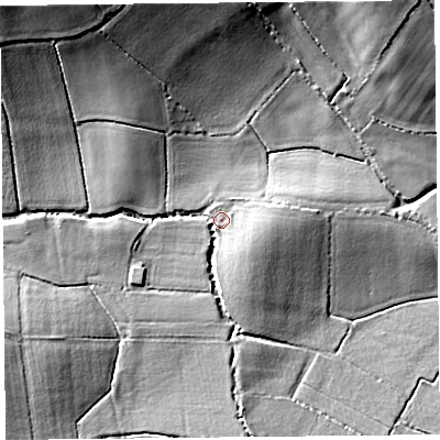 Shaded relief map of the ground around TA36TB, computed from Environment Agency LiDAR. The ground here sits at about 23 m above sea level and falls 21 m across the surrounding 800 m. Surface water reaching this point runs off ground lying to the north-west, 15.7 m higher.