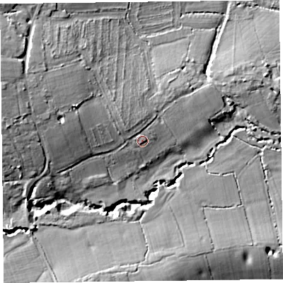 Shaded relief map of the ground around TA36TL, computed from Environment Agency LiDAR. The ground here sits at about 46 m above sea level and falls 18 m across the surrounding 800 m. Surface water reaching this point runs off ground lying to the west-north-west, 5.8 m higher.
