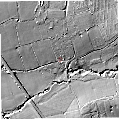 Shaded relief map of the ground around TA36TN, computed from Environment Agency LiDAR. The ground here sits at about 50 m above sea level and falls 22 m across the surrounding 800 m. Surface water reaching this point runs off ground lying to the north-north-west, 9.9 m higher.