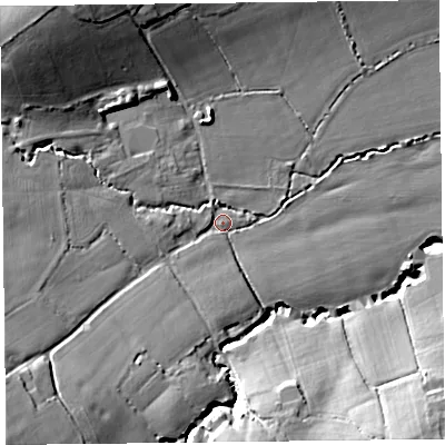 Shaded relief map of the ground around TA36TX, computed from Environment Agency LiDAR. The ground here sits at about 57 m above sea level and falls 24 m across the surrounding 800 m. Surface water reaching this point runs off ground lying to the south-west, 17.2 m higher.