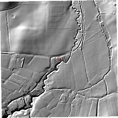 Shaded relief map of the ground around TA37AT, computed from Environment Agency LiDAR. The ground here sits at about 72 m above sea level and falls 22 m across the surrounding 800 m. Surface water reaching this point runs off ground lying to the south-west, 14.4 m higher.