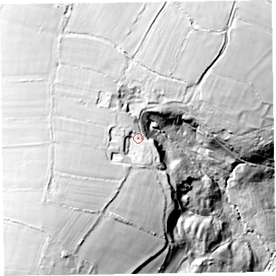 Shaded relief map of the ground around TA37DR, computed from Environment Agency LiDAR. The ground here sits at about 241 m above sea level and falls 70 m across the surrounding 800 m. Surface water reaching this point runs off ground lying to the west, 17.1 m higher.