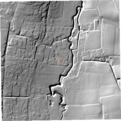 Shaded relief map of the ground around TA37LG, computed from Environment Agency LiDAR. The ground here sits at about 38 m above sea level and falls 29 m across the surrounding 800 m. Surface water reaching this point runs off ground lying to the west, 13.4 m higher.