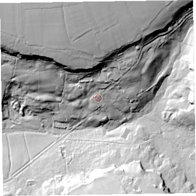 Shaded relief map of the ground around TA37QA, computed from Environment Agency LiDAR. The ground here sits at about 202 m above sea level and falls 66 m across the surrounding 800 m. Surface water reaching this point runs off ground lying to the north, 37.4 m higher.