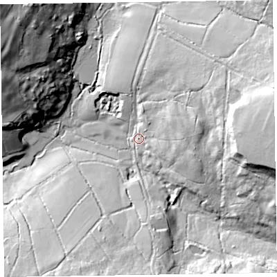 Shaded relief map of the ground around TA37QF, computed from Environment Agency LiDAR. The ground here sits at about 190 m above sea level and falls 54 m across the surrounding 800 m. Surface water reaching this point runs off ground lying to the east-north-east, 20.2 m higher.