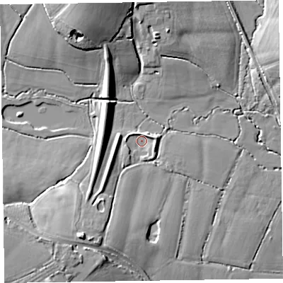 Shaded relief map of the ground around TA41AA, computed from Environment Agency LiDAR. The ground here sits at about 30 m above sea level and falls 16 m across the surrounding 800 m. Surface water reaching this point runs off ground lying to the south-west, 12.2 m higher.