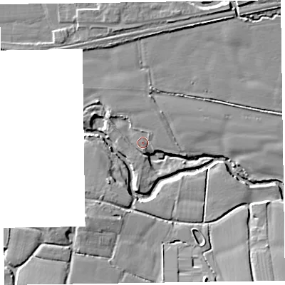 Shaded relief map of the ground around TA41AD, computed from Environment Agency LiDAR. The ground here sits at about 22 m above sea level and falls 11 m across the surrounding 800 m. Surface water reaching this point runs off ground lying to the north-west, 2.1 m higher.