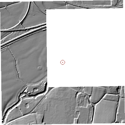 Shaded relief map of the ground around TA41AF, computed from Environment Agency LiDAR. and falls 9 m across the surrounding 800 m.