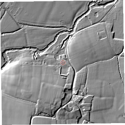 Shaded relief map of the ground around TA41AH, computed from Environment Agency LiDAR. The ground here sits at about 27 m above sea level and falls 21 m across the surrounding 800 m. Surface water reaching this point runs off ground lying to the south-south-west, 12.4 m higher.