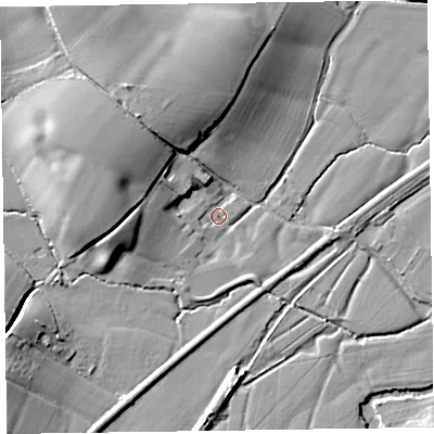 Shaded relief map of the ground around TA41AL, computed from Environment Agency LiDAR. The ground here sits at about 25 m above sea level and falls 15 m across the surrounding 800 m. Surface water reaching this point runs off ground lying to the north-west, 11.7 m higher.