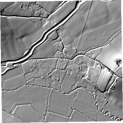 Shaded relief map of the ground around TA41AW, computed from Environment Agency LiDAR. The ground here sits at about 32 m above sea level and falls 16 m across the surrounding 800 m. Surface water reaching this point runs off ground lying to the east, 14.2 m higher.