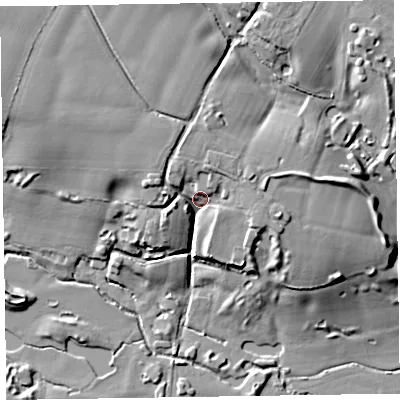 Shaded relief map of the ground around TA41BA, computed from Environment Agency LiDAR. The ground here sits at about 48 m above sea level and falls 20 m across the surrounding 800 m. Surface water reaching this point runs off ground lying to the north-west, 9.4 m higher.