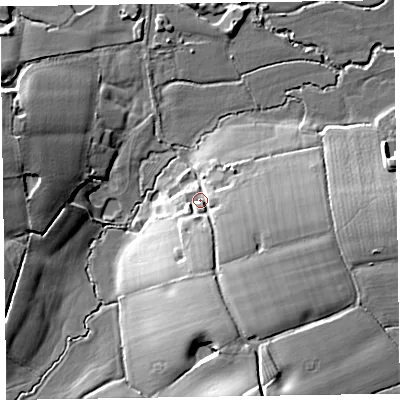 Shaded relief map of the ground around TA41BB, computed from Environment Agency LiDAR. The ground here sits at about 43 m above sea level and falls 21 m across the surrounding 800 m. Surface water reaching this point runs off ground lying to the south, 12.0 m higher.