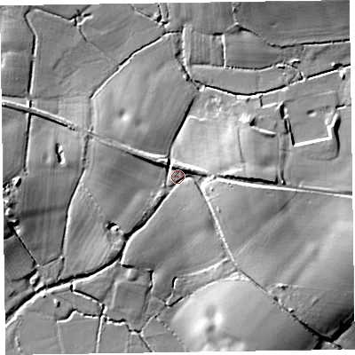 Shaded relief map of the ground around TA41BG, computed from Environment Agency LiDAR. The ground here sits at about 33 m above sea level and falls 12 m across the surrounding 800 m. Surface water reaching this point runs off ground lying to the east-south-east, 6.4 m higher.