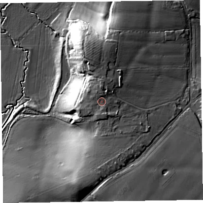 Shaded relief map of the ground around TA41EU, computed from Environment Agency LiDAR. The ground here sits at about 52 m above sea level and falls 24 m across the surrounding 800 m. Surface water reaching this point runs off ground lying to the south, 1.2 m higher.