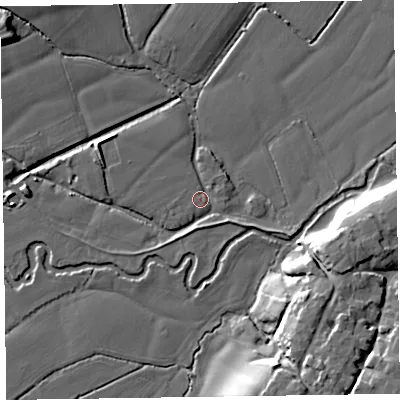Shaded relief map of the ground around TA41HJ, computed from Environment Agency LiDAR. The ground here sits at about 31 m above sea level and falls 16 m across the surrounding 800 m. Surface water reaching this point runs off ground lying to the west, 5.1 m higher.