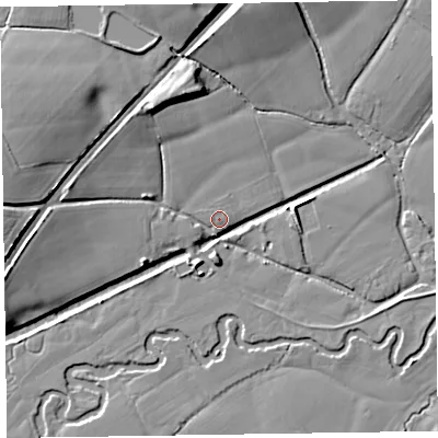 Shaded relief map of the ground around TA41HL, computed from Environment Agency LiDAR. The ground here sits at about 33 m above sea level and falls 14 m across the surrounding 800 m. Surface water reaching this point runs off ground lying to the west, 12.7 m higher.