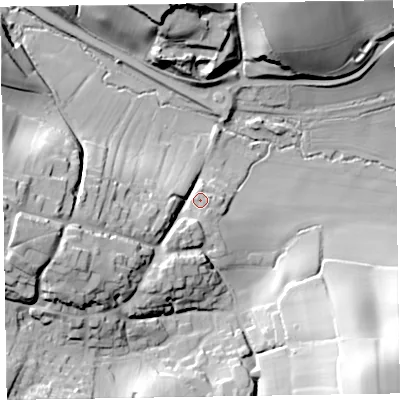 Shaded relief map of the ground around TA41LD, computed from Environment Agency LiDAR. The ground here sits at about 64 m above sea level and falls 43 m across the surrounding 800 m. Surface water reaching this point runs off ground lying to the west, 31.2 m higher.