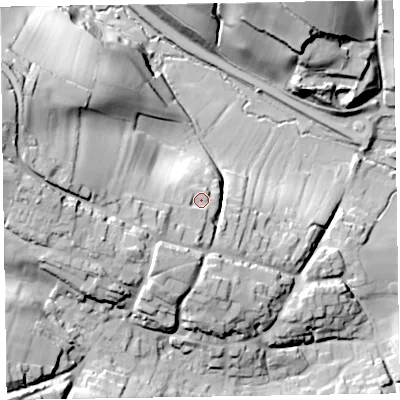 Shaded relief map of the ground around TA41LQ, computed from Environment Agency LiDAR. The ground here sits at about 77 m above sea level and falls 49 m across the surrounding 800 m. Surface water reaching this point runs off ground lying to the south-west, 11.2 m higher.