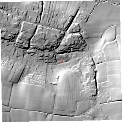 Shaded relief map of the ground around TA41PL, computed from Environment Agency LiDAR. The ground here sits at about 65 m above sea level and falls 39 m across the surrounding 800 m. Surface water reaching this point runs off ground lying to the north-west, 28.6 m higher.