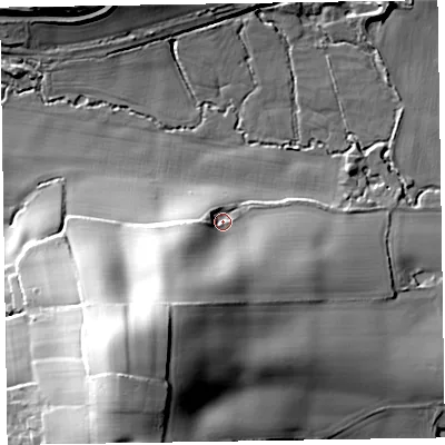 Shaded relief map of the ground around TA41QF, computed from Environment Agency LiDAR. The ground here sits at about 59 m above sea level and falls 47 m across the surrounding 800 m. Surface water reaching this point runs off ground lying to the south-south-west, 38.2 m higher.