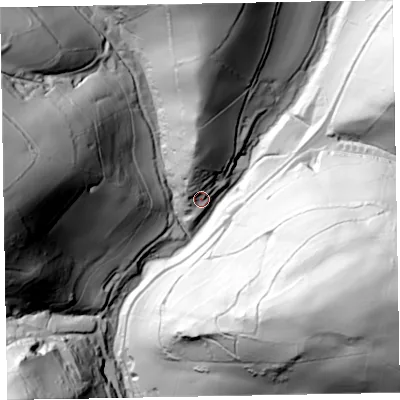 Shaded relief map of the ground around TA42AY, computed from Environment Agency LiDAR. The ground here sits at about 144 m above sea level and falls 130 m across the surrounding 800 m. Surface water reaching this point runs off ground lying to the north-north-west, 16.7 m higher.