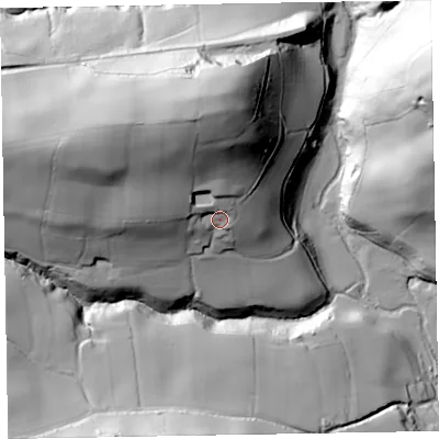 Shaded relief map of the ground around TA42BH, computed from Environment Agency LiDAR. The ground here sits at about 157 m above sea level and falls 81 m across the surrounding 800 m. Surface water reaching this point runs off ground lying to the north-north-west, 36.2 m higher.