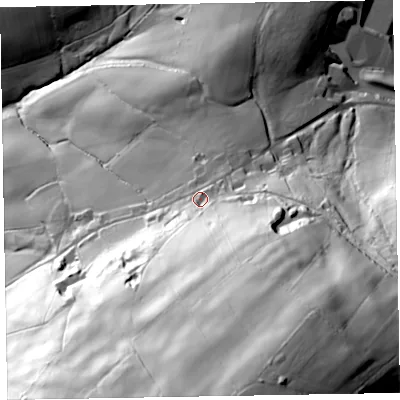 Shaded relief map of the ground around TA42BU, computed from Environment Agency LiDAR. The ground here sits at about 229 m above sea level and falls 131 m across the surrounding 800 m. Surface water reaching this point runs off ground lying to the south-south-east, 81.3 m higher.