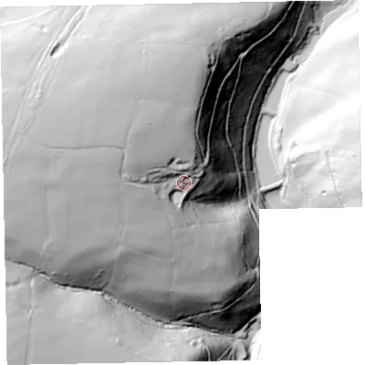 Shaded relief map of the ground around TA42DD, computed from Environment Agency LiDAR. The ground here sits at about 296 m above sea level and falls 110 m across the surrounding 800 m. Surface water reaching this point runs off ground lying to the north-west, 34.1 m higher.