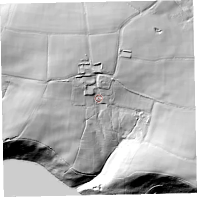 Shaded relief map of the ground around TA42JG, computed from Environment Agency LiDAR. The ground here sits at about 290 m above sea level and falls 82 m across the surrounding 800 m. Surface water reaching this point runs off ground lying to the north, 25.4 m higher.