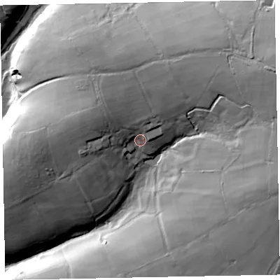 Shaded relief map of the ground around TA42JH, computed from Environment Agency LiDAR. The ground here sits at about 301 m above sea level and falls 61 m across the surrounding 800 m. Surface water reaching this point runs off ground lying to the east-north-east, 30.2 m higher.