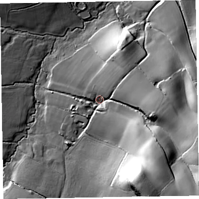 Shaded relief map of the ground around TA42TS, computed from Environment Agency LiDAR. The ground here sits at about 85 m above sea level and falls 57 m across the surrounding 800 m. Surface water reaching this point runs off ground lying to the south-east, 45.2 m higher.