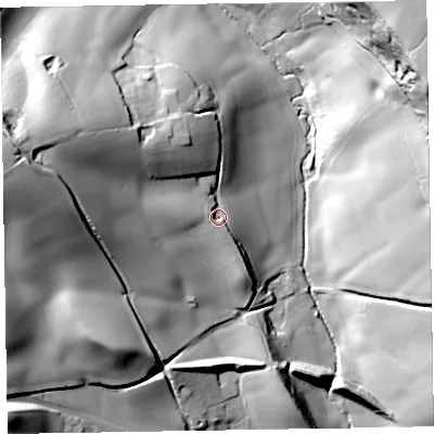 Shaded relief map of the ground around TA42TW, computed from Environment Agency LiDAR. The ground here sits at about 83 m above sea level and falls 71 m across the surrounding 800 m. Surface water reaching this point runs off ground lying to the west, 7.2 m higher.