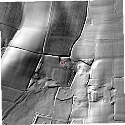 Shaded relief map of the ground around TA43DN, computed from Environment Agency LiDAR. The ground here sits at about 56 m above sea level and falls 24 m across the surrounding 800 m. Surface water reaching this point runs off ground lying to the west-north-west, 4.6 m higher.