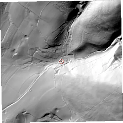 Shaded relief map of the ground around TA43HE, computed from Environment Agency LiDAR. The ground here sits at about 182 m above sea level and falls 187 m across the surrounding 800 m. Surface water reaching this point runs off ground lying to the east-south-east, 164.4 m higher.