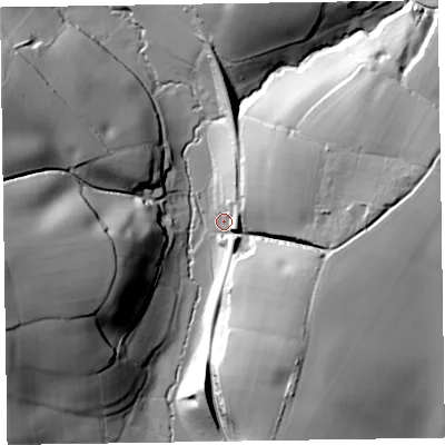 Shaded relief map of the ground around TA43JA, computed from Environment Agency LiDAR. The ground here sits at about 84 m above sea level and falls 44 m across the surrounding 800 m. Surface water reaching this point runs off ground lying to the east-north-east, 33.0 m higher.
