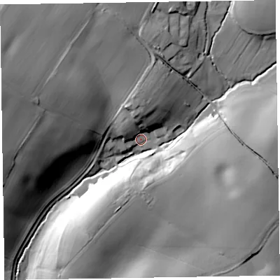 Shaded relief map of the ground around TA43JB, computed from Environment Agency LiDAR. The ground here sits at about 86 m above sea level and falls 36 m across the surrounding 800 m. Surface water reaching this point runs off ground lying to the east, 21.4 m higher.