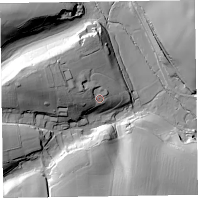 Shaded relief map of the ground around TA43JD, computed from Environment Agency LiDAR. The ground here sits at about 90 m above sea level and falls 48 m across the surrounding 800 m. Surface water reaching this point runs off ground lying to the west-north-west, 15.1 m higher.